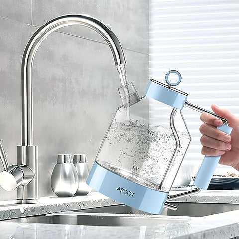 Light blue ascot glass electric kettle with borosilicate glass body and stainless steel spout for quick boiling