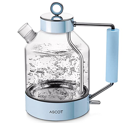 Light blue ascot glass electric kettle with borosilicate glass body and stainless steel accents for boiling water