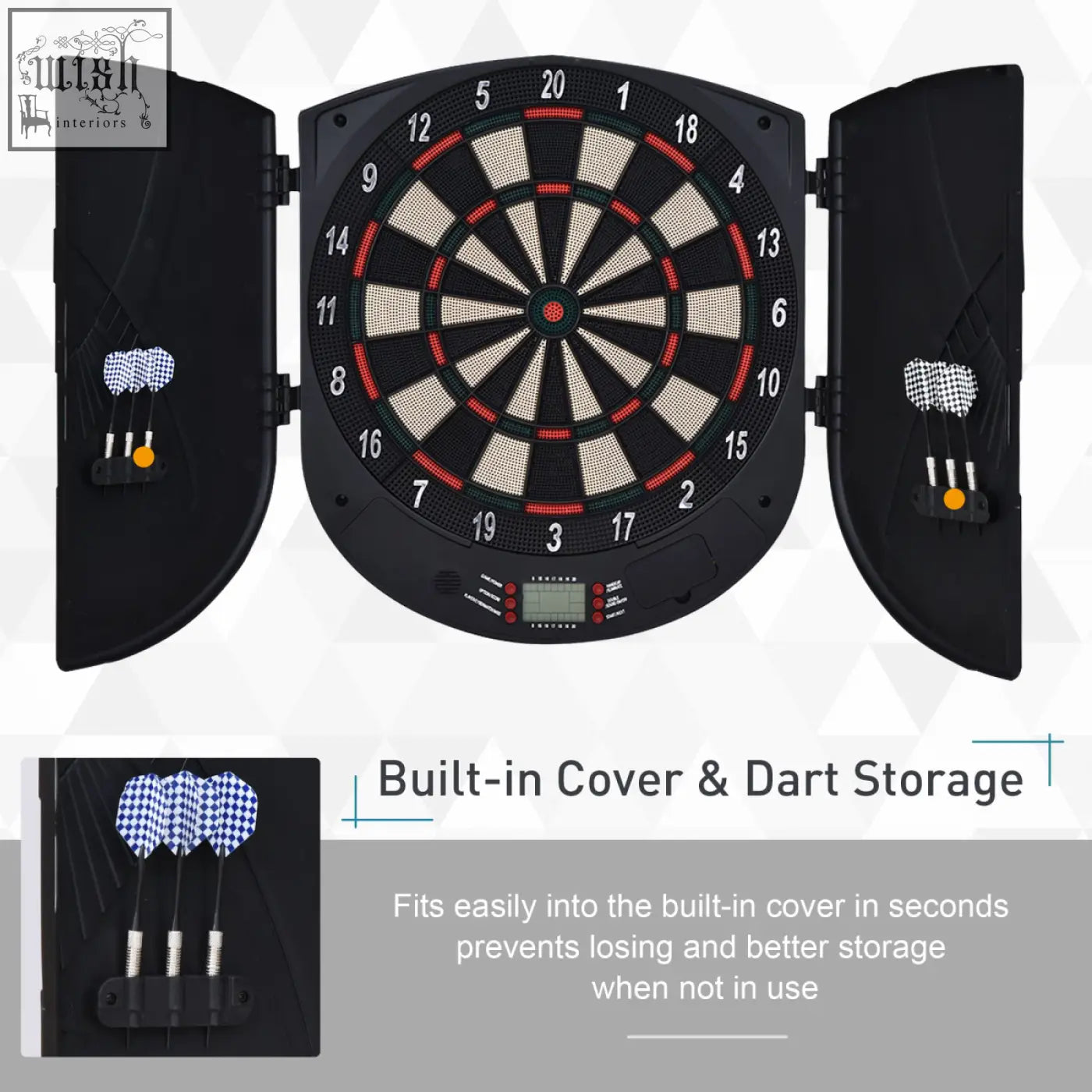 Black electronic dartboard with red and white segments and side panels storing darts include six darts in holders