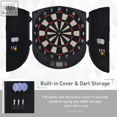 Black electronic dartboard with red and white segments and side panels storing darts include six darts in holders