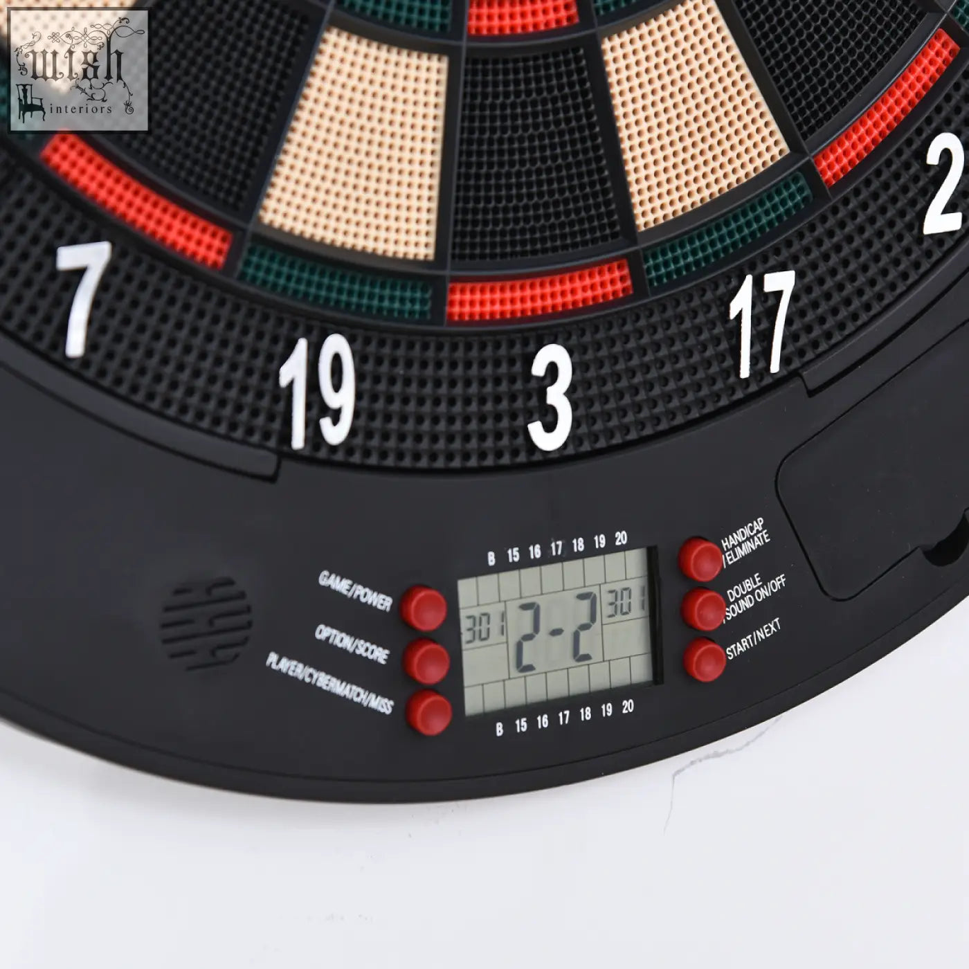 Black electronic dartboard with digital scoreboard red green scoring segments and white numerals darts include 26 games 185 variations