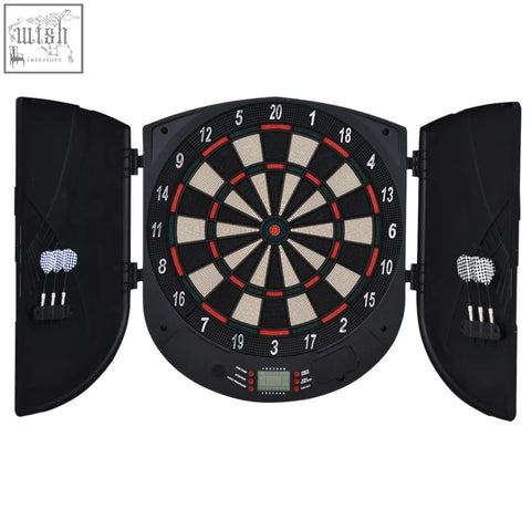 Black electronic dartboard with illuminated numbers, red bullseye, digital display, side panels holding 6 darts include 26 games and 185 variations