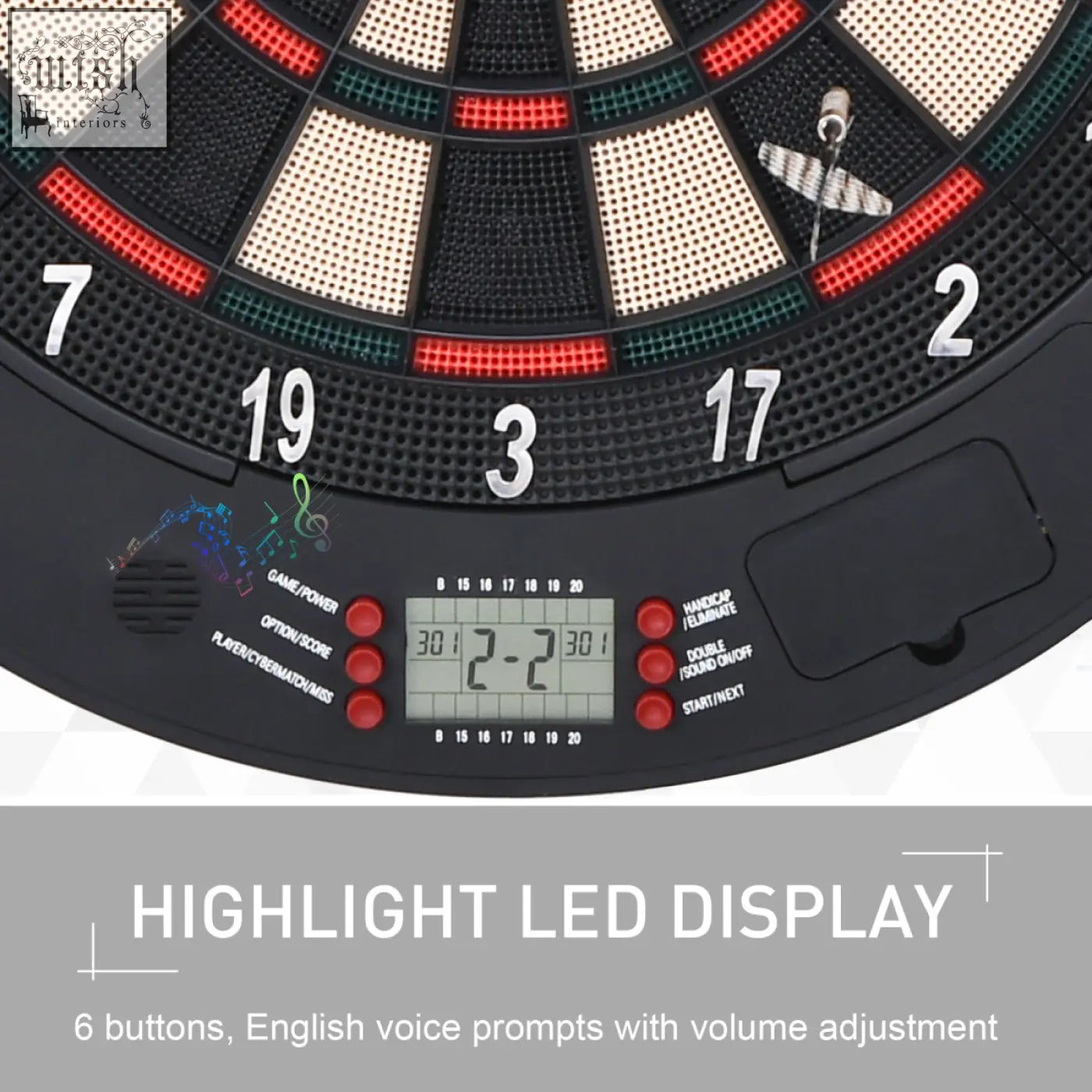Black electronic dartboard with led display showing score 2-2 features red green white black segments includes 6 darts and 26 games