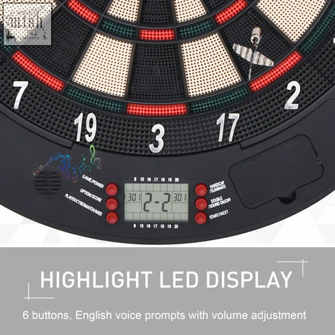 Black electronic dartboard with led display showing score 2-2 features red green white black segments includes 6 darts and 26 games