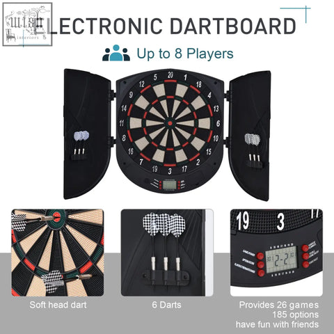 Black electronic dartboard with digital display, built-in scoreboard, red and white scoring segments, darts include six pieces