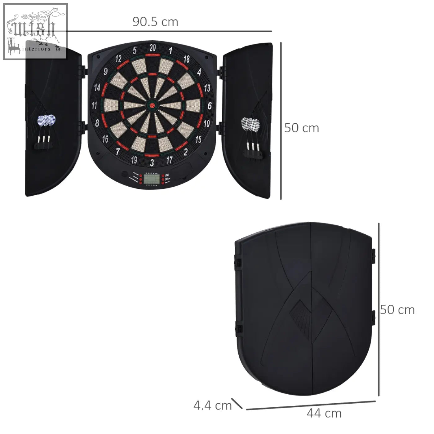 Black electronic dartboard with red and white scoring segments digital display and built-in dart storage includes 6 darts