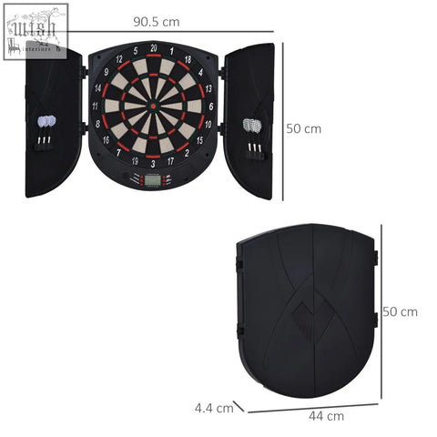 Black electronic dartboard with red and white scoring segments digital display and built-in dart storage includes 6 darts