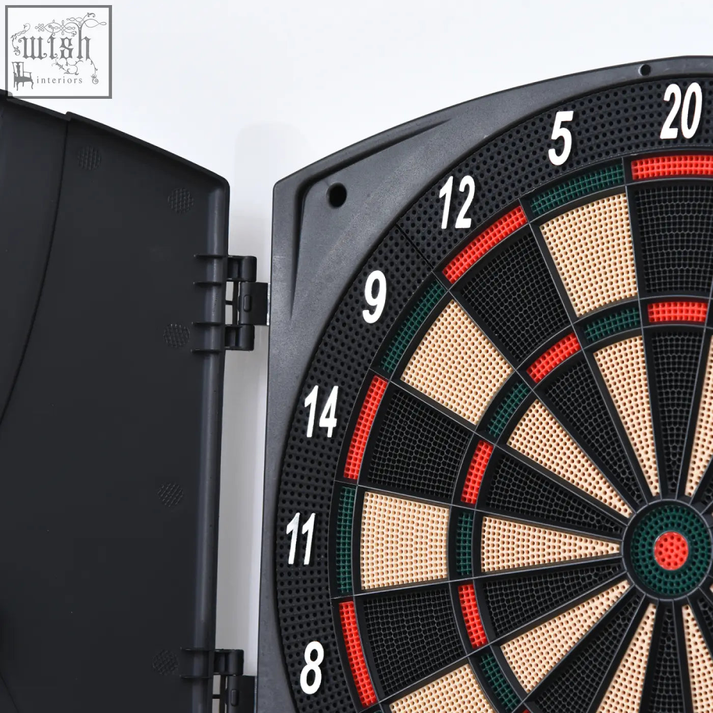 Black plastic electronic dartboard with perforated surface red green zones white numbers and bullseye includes darts