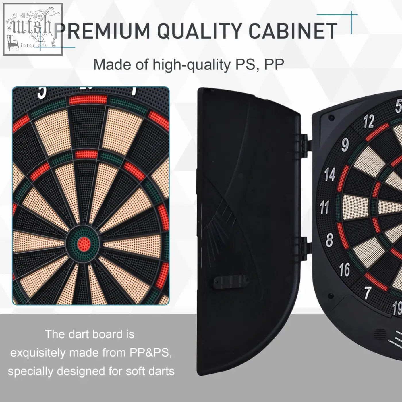 Black electronic dartboard with red and green segments in premium ps and pp cabinet includes 6 darts and 26 games