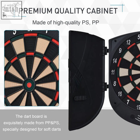 Black electronic dartboard with red and green segments in premium ps and pp cabinet includes 6 darts and 26 games