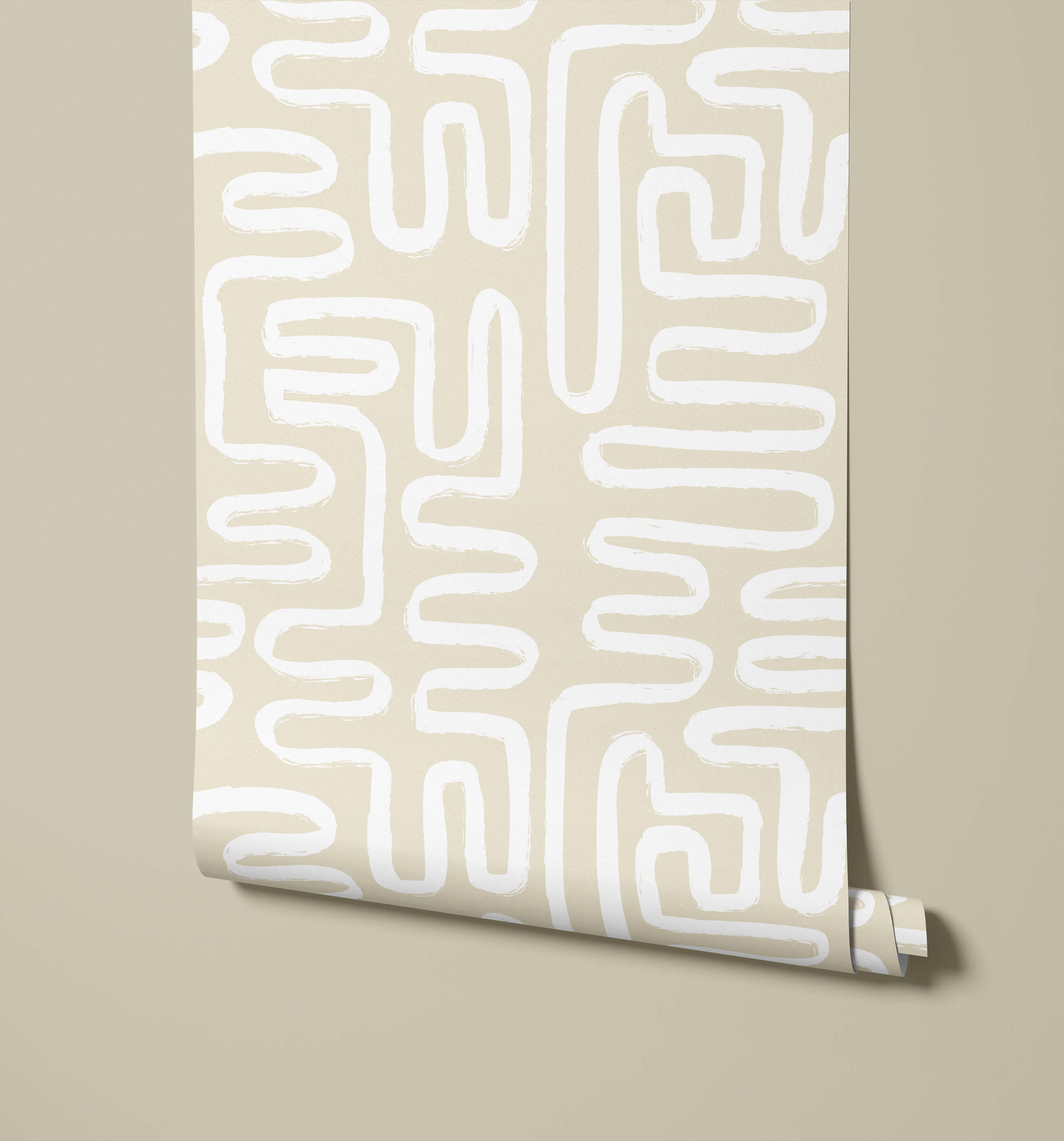 Beige wallpaper with a bold white abstract maze pattern from the element collection perfect for modern walls