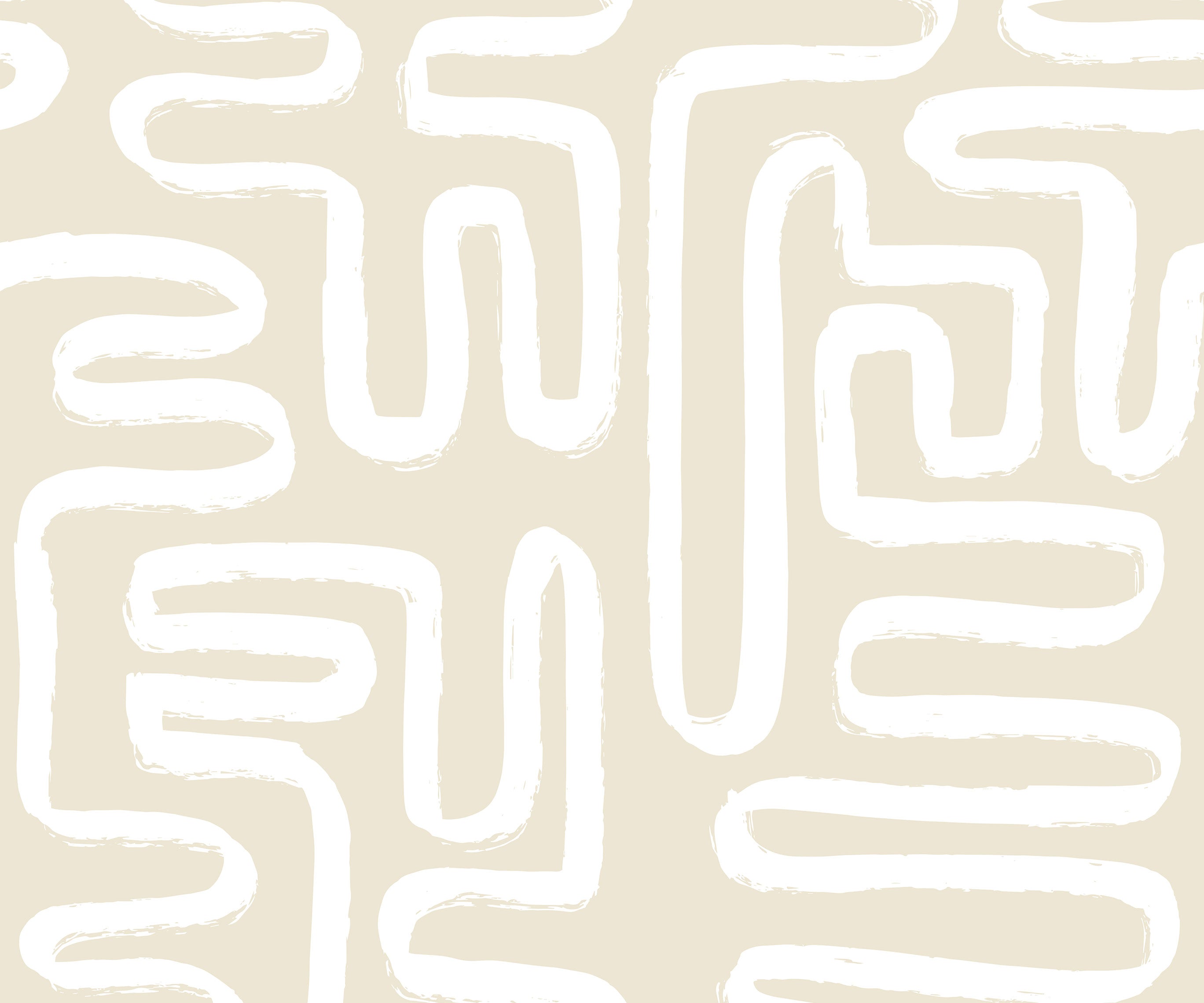 Beige wallpaper called Element with a white hand painted maze pattern perfect for modern wall decor