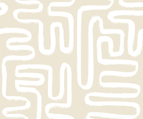 Beige wallpaper called Element with a white hand painted maze pattern perfect for modern wall decor
