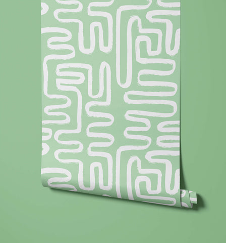 Light green Element wallpaper with bold white abstract maze pattern for stylish wall decoration