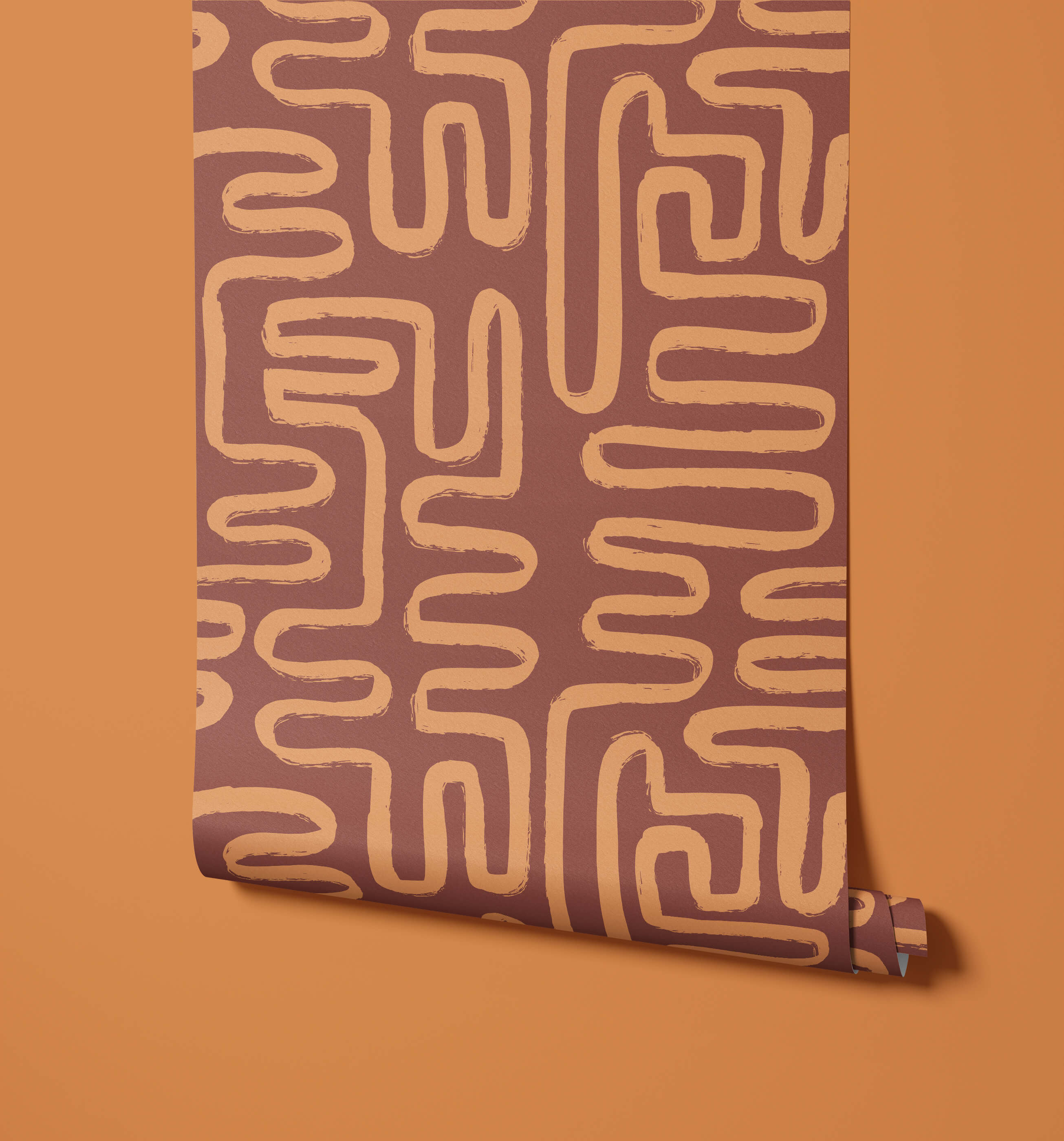 A roll of brown element wallpaper with a bold beige maze pattern perfect for stylish wall decor