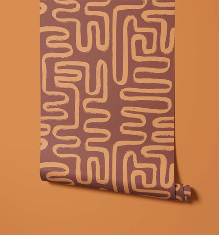 A roll of brown element wallpaper with a bold beige maze pattern perfect for stylish wall decor