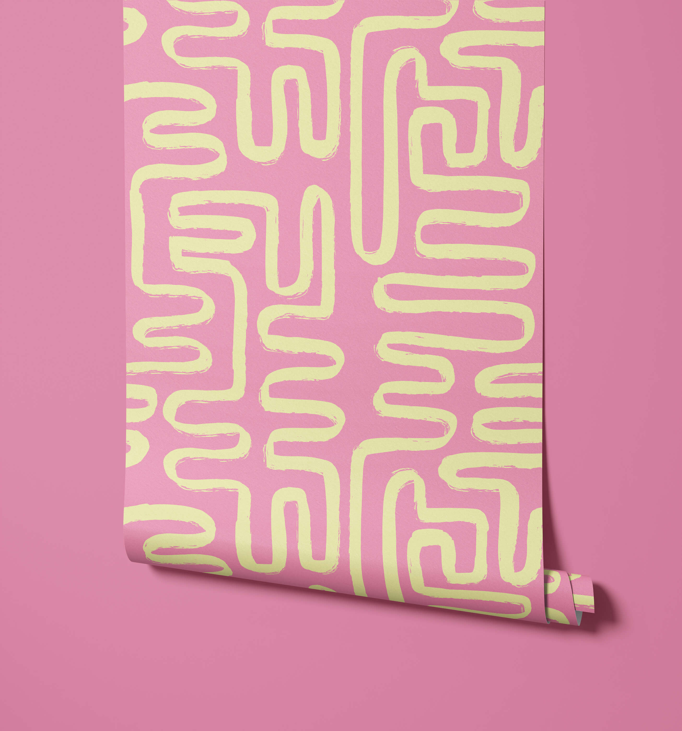 Pink wallpaper with a bold hand-painted yellow maze pattern from the element collection perfect for vibrant interiors