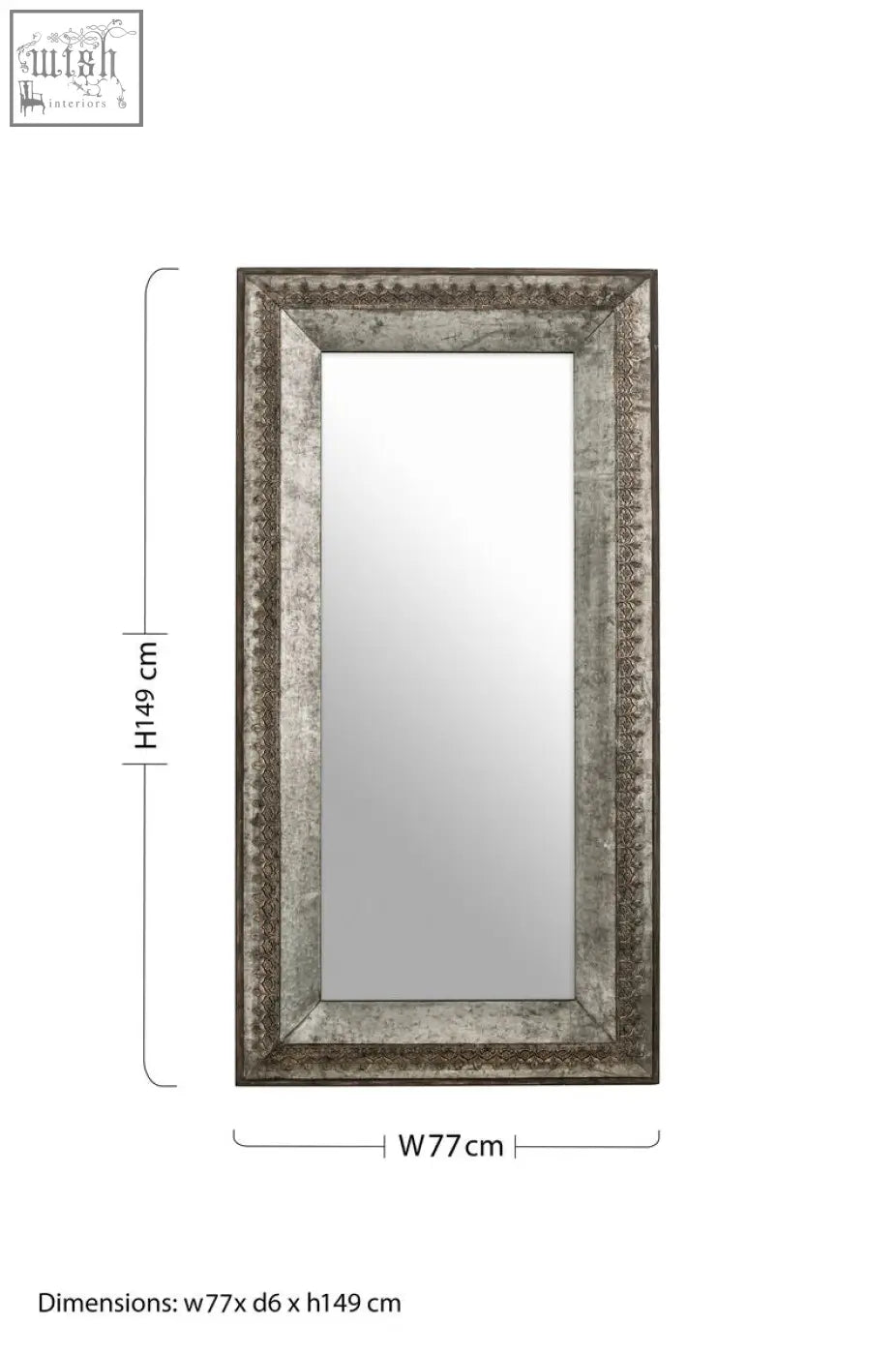 Silver-framed elementary antique grey wall mirror with a distressed ornate border ideal for grey wall decor