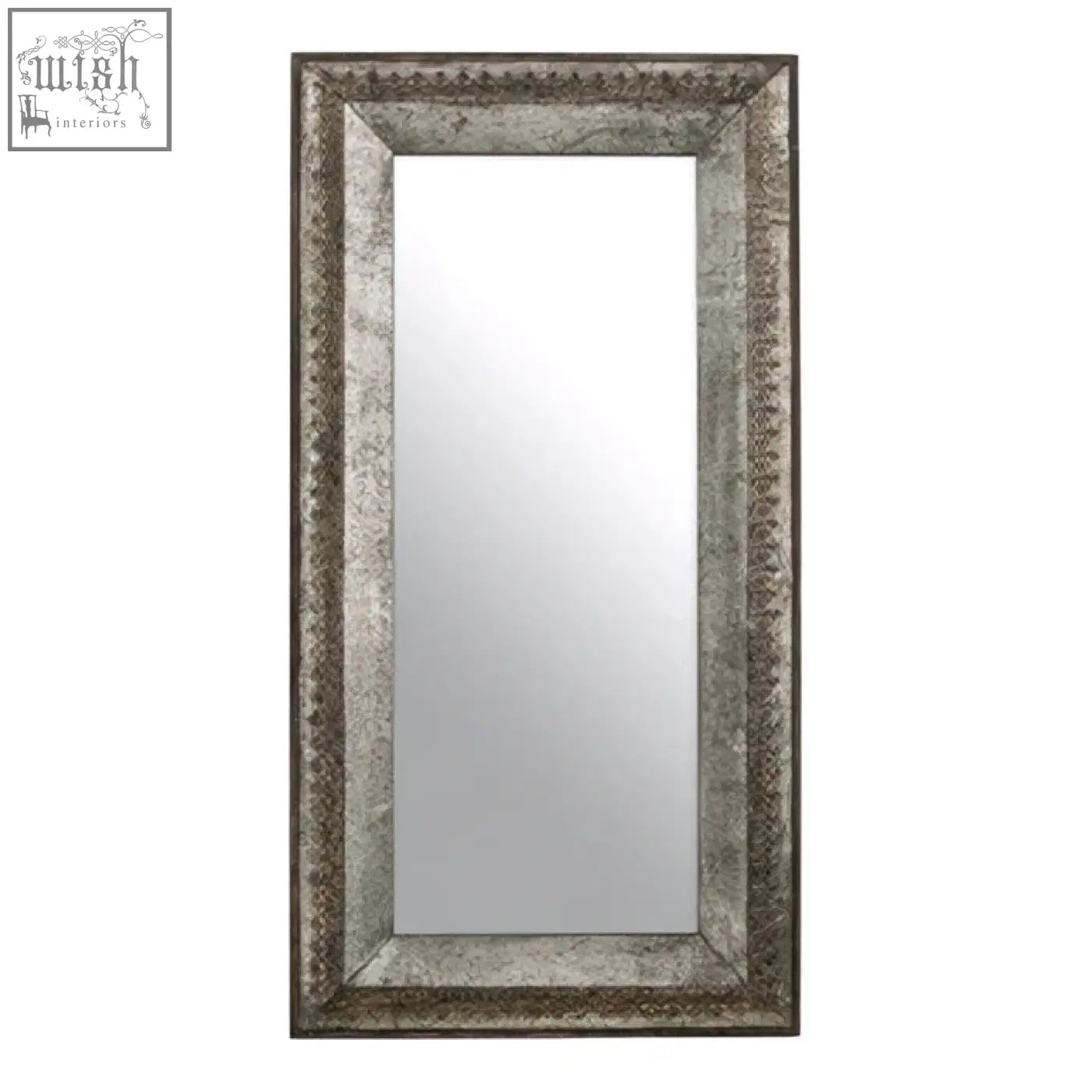 Silver-framed rectangular elementary antique grey wall mirror with distressed antiqued finish for grey wall decor