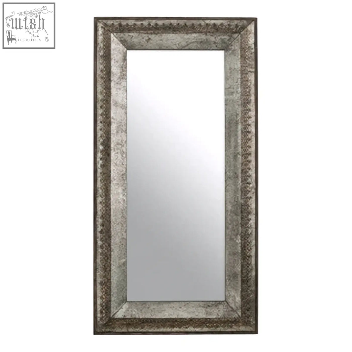 Silver-framed rectangular elementary antique grey wall mirror with distressed antiqued finish for grey wall decor