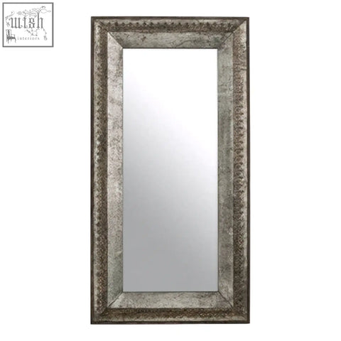 Silver-framed rectangular elementary antique grey wall mirror with distressed antiqued finish for grey wall decor