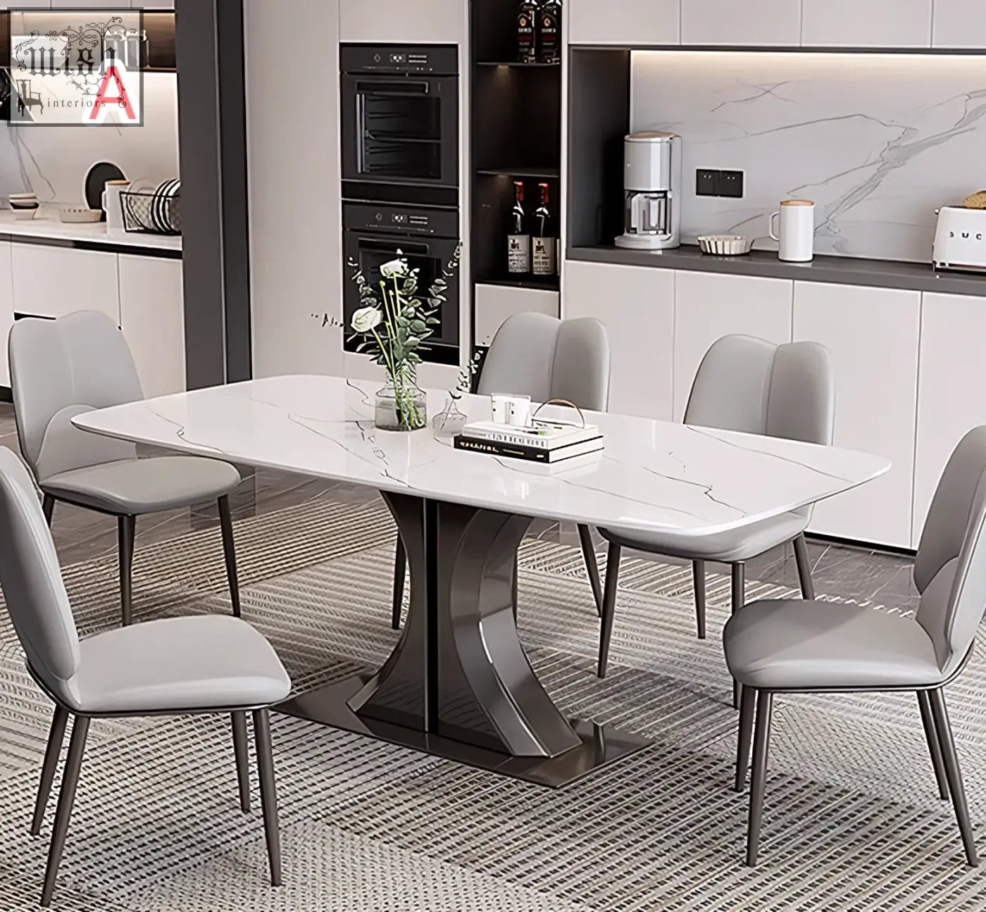 Modern elena dining table with white marble effect top and curved black metal base perfect for your dining space