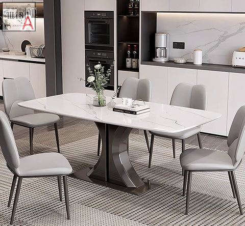 Modern elena dining table with white marble effect top and curved black metal base perfect for your dining space