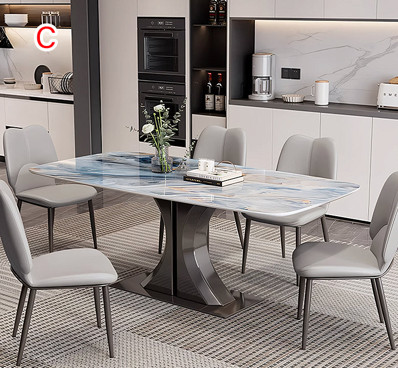 Elena dining table with blue and white marble effect top and black metal legs offering financing and low shipping cost