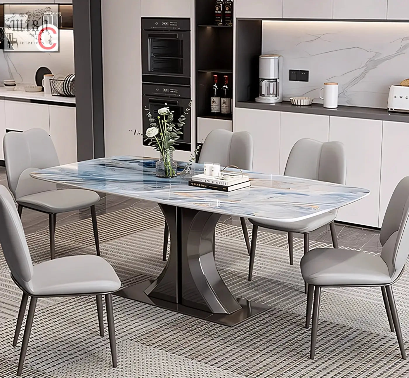 Modern rectangular elena dining table with blue white marble effect top and black metal legs perfect for any dining space offer financing available