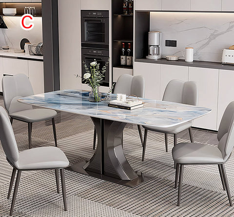 Elena dining table with blue and white marble effect top and black metal legs offering financing and low shipping cost