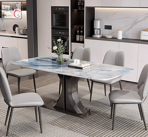 Modern rectangular elena dining table with blue white marble effect top and black metal legs perfect for any dining space offer financing available