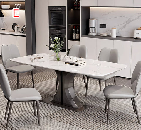 Elena dining table marble with white marble effect top and sleek curved base pairs with gray chairs offer financing shipping cost