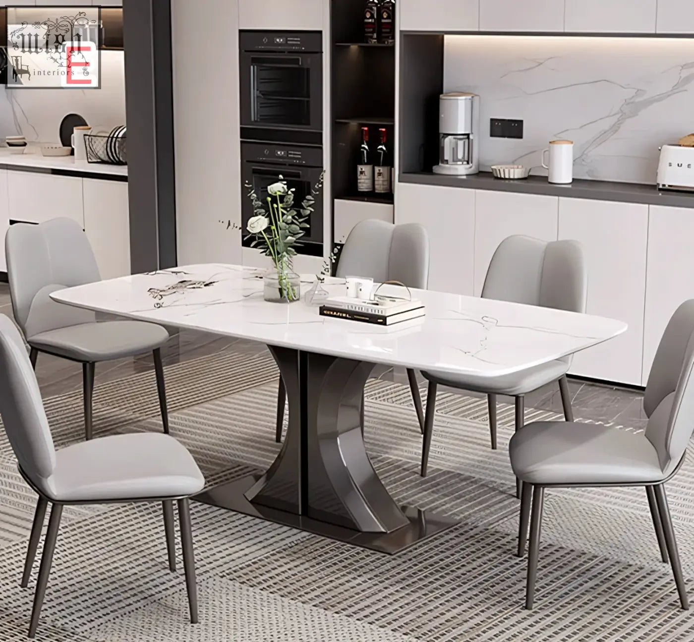 Modern white marble effect elena dining table with curved metallic base and gray chairs perfect for any dining space with low shipping cost