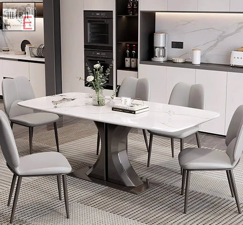Modern white marble effect elena dining table with curved metallic base and gray chairs perfect for any dining space with low shipping cost