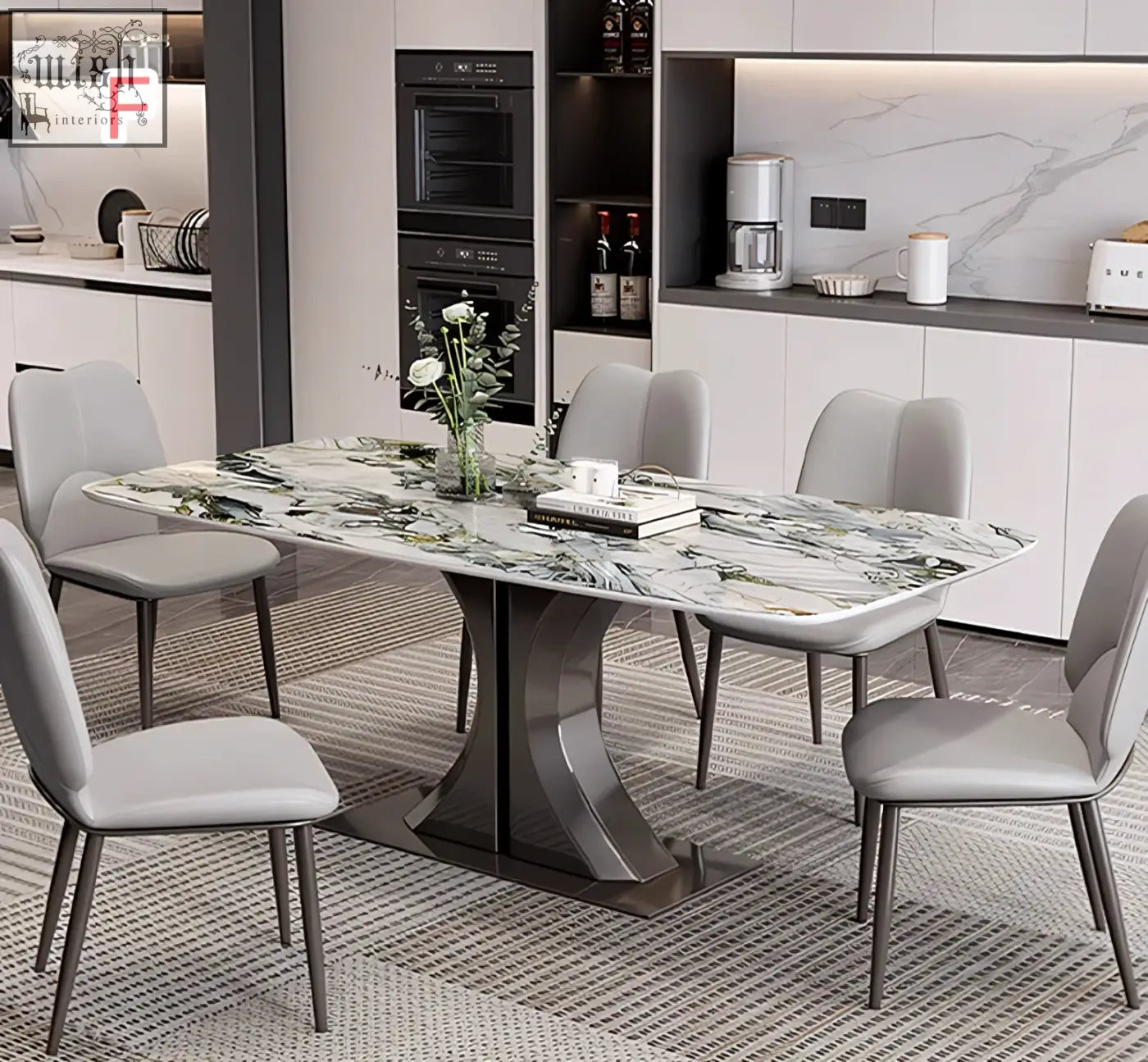 Modern elena dining table with marble top and sleek curved metallic base paired with gray chairs for stylish dining space