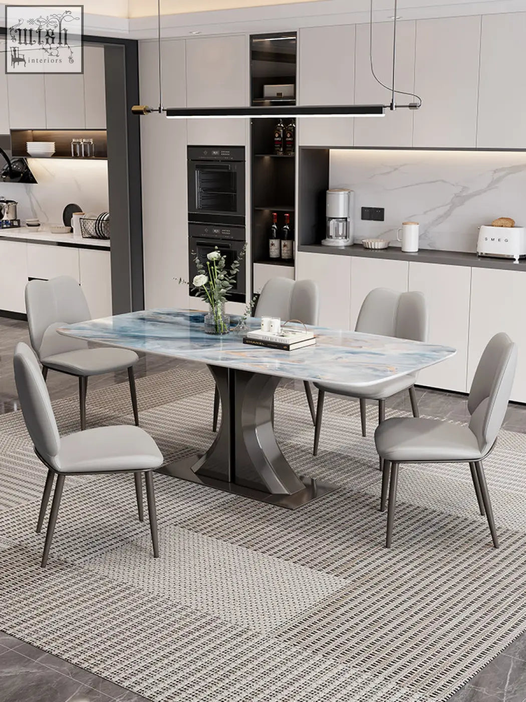 Elena dining table with marble effect top and dark metal pedestal base perfect for any dining space offers financing