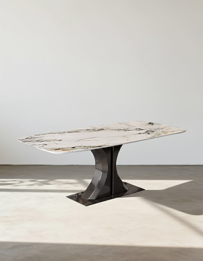 Modern elena dining table with white marble top gray and gold veining on black metal base offer financing shipping cost