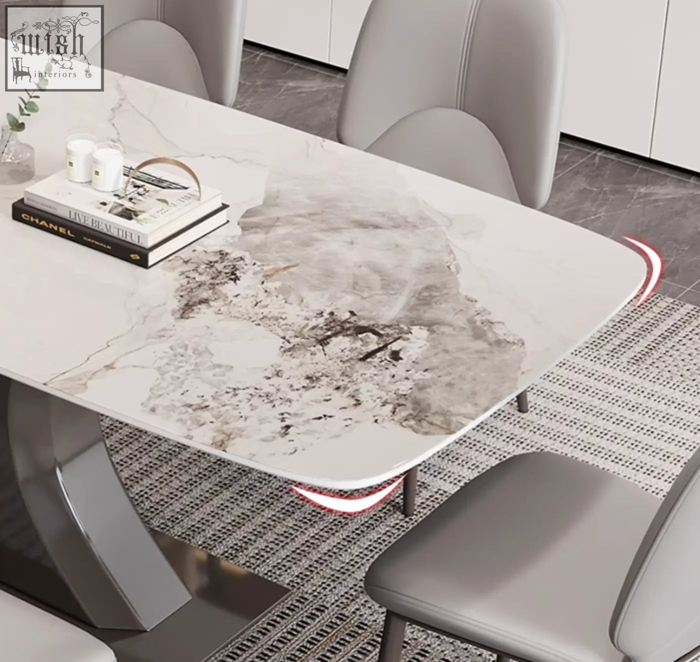 Modern rectangular elena dining table with white marble top gray veining and sleek metallic legs perfect for dining space shipping cost varies