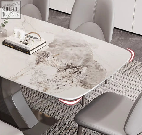 Modern rectangular elena dining table with white marble top gray veining and sleek metallic legs perfect for dining space shipping cost varies