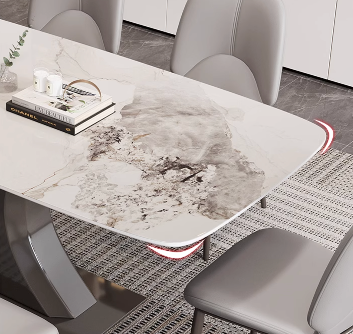 Modern rectangular elena dining table with white marble top and metallic legs available with offer financing and shipping cost details
