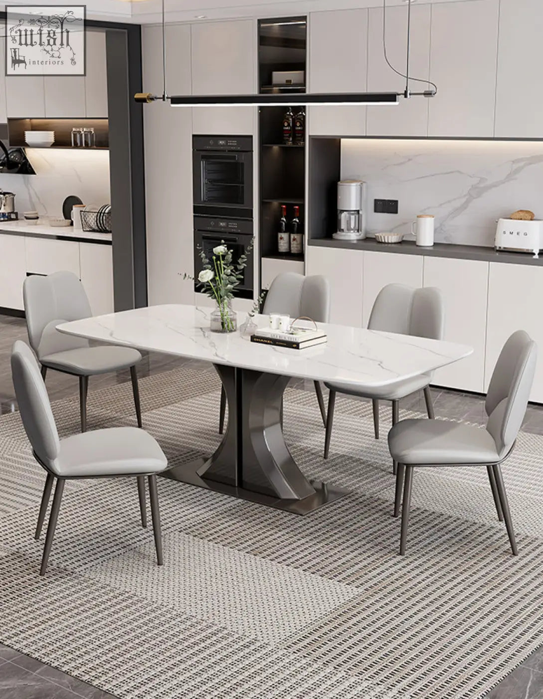 Modern white marble dining table with sleek sculpted metallic base perfect for stylish dining space offer financing available