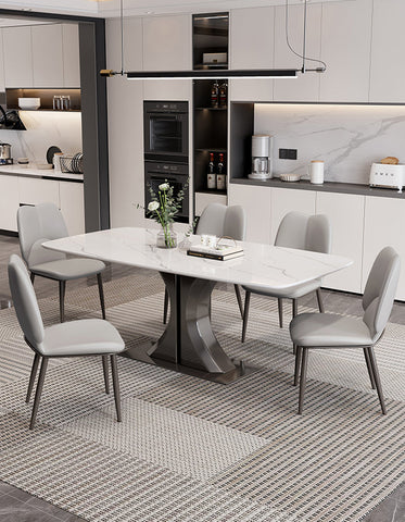 Modern white marble-effect dining table elena with dark metallic pedestal base offer financing and low shipping cost