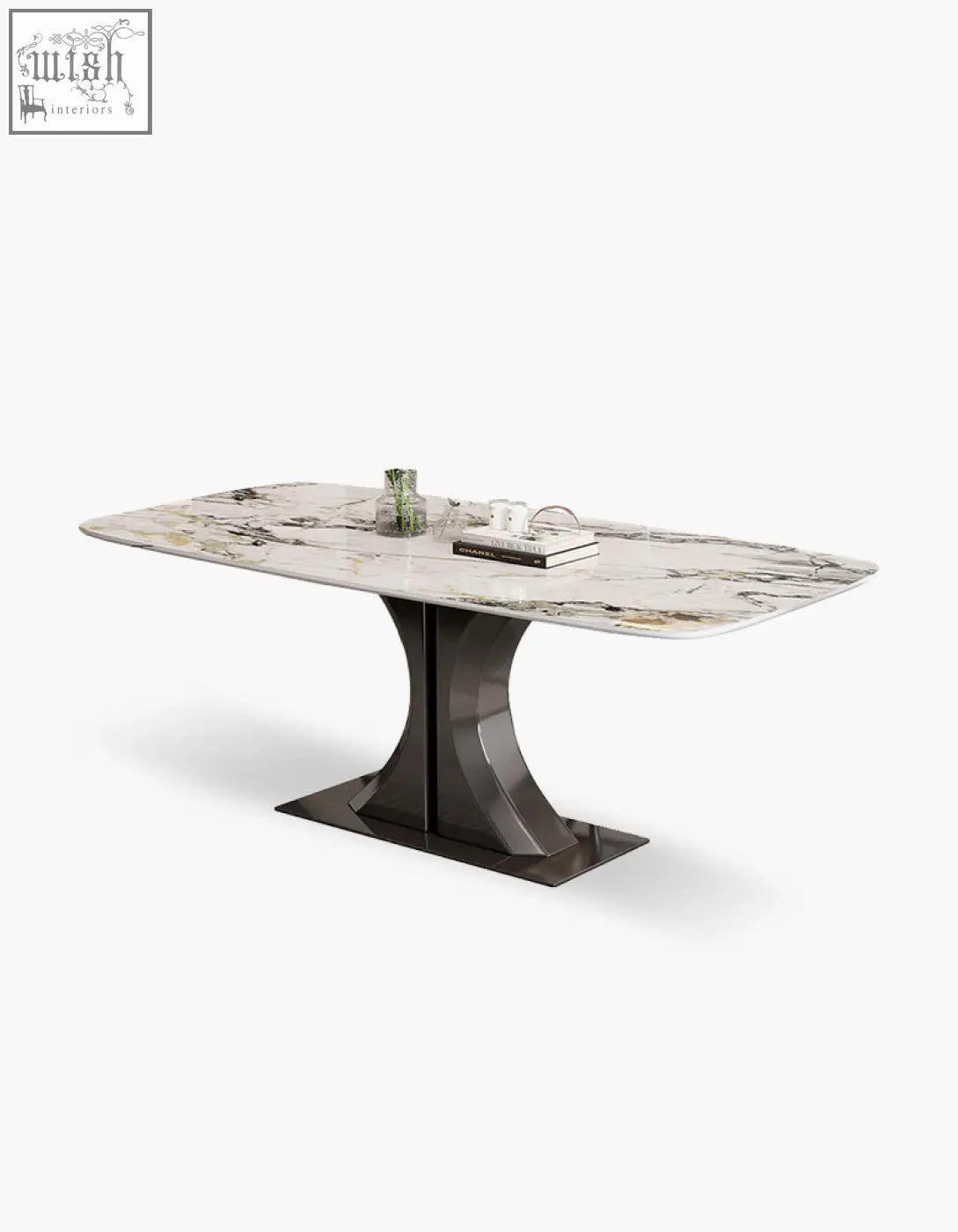 Elena dining table with white marble top and dark metallic base perfect for stylish dining space and low shipping cost