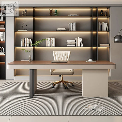 Elena modern office desk with wood grain top and sleek white legs paired with a cream upholstered chair