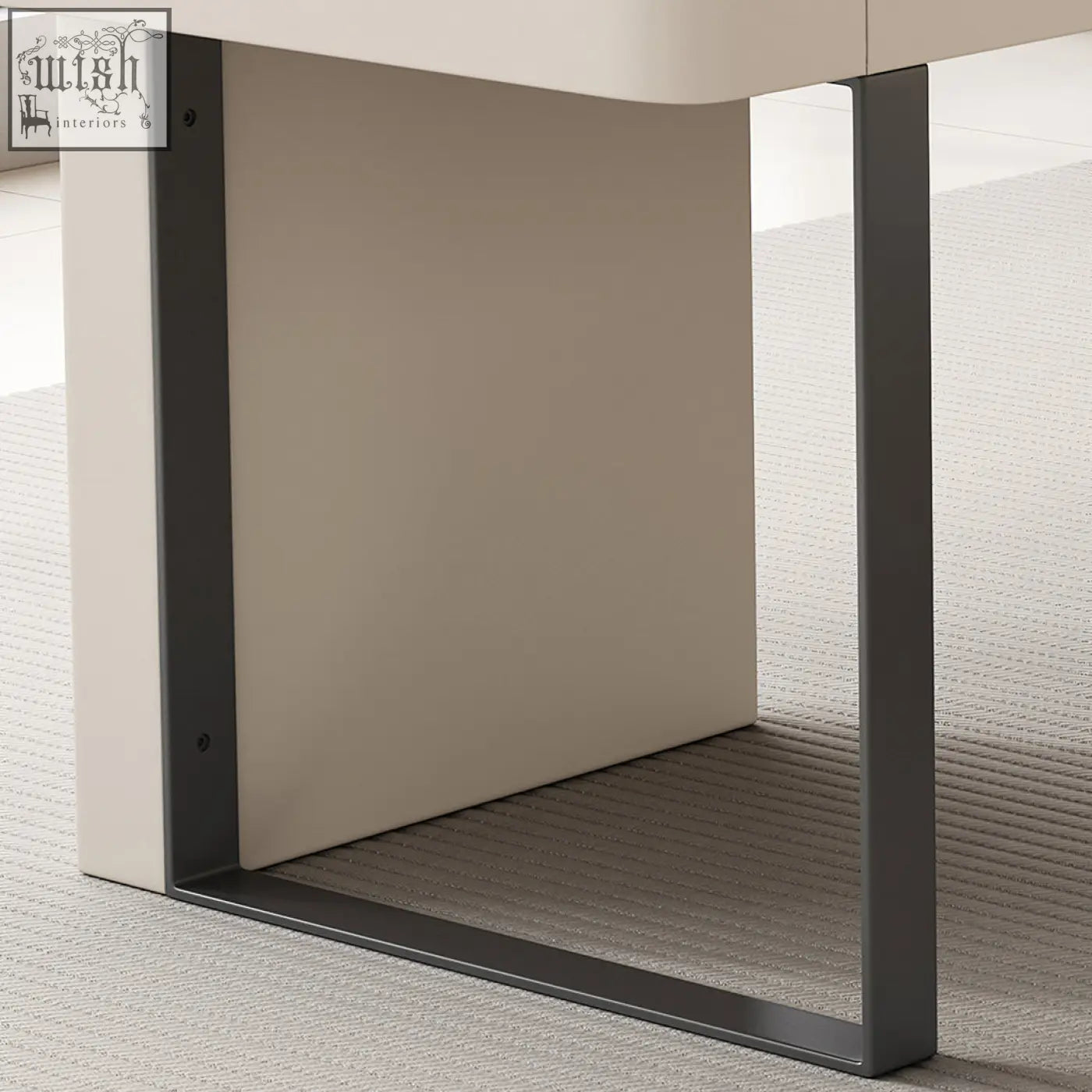 Elena modern office desk with a sleek white wood top and dark gray metal legs perfect for any modern office desk setup