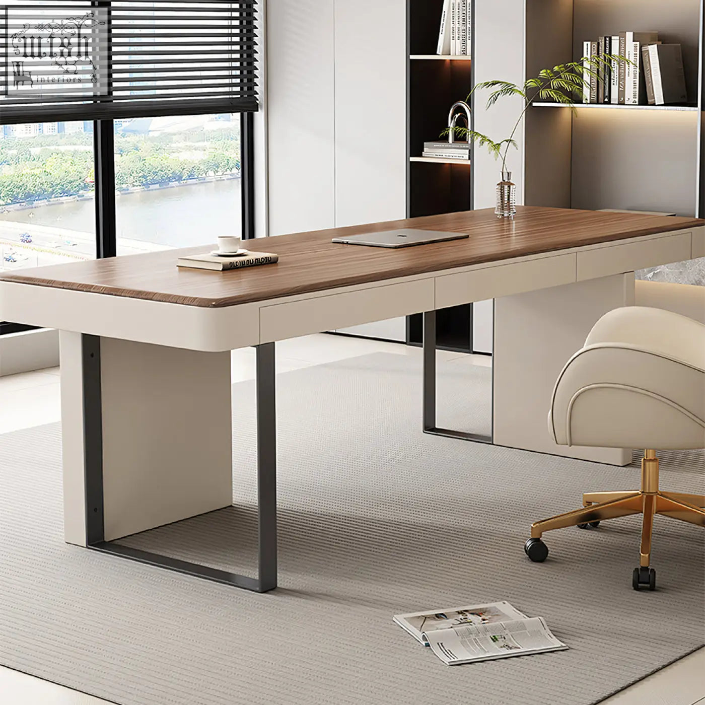 Modern office desk elena with warm walnut wood top cream base and black metal legs for stylish office use