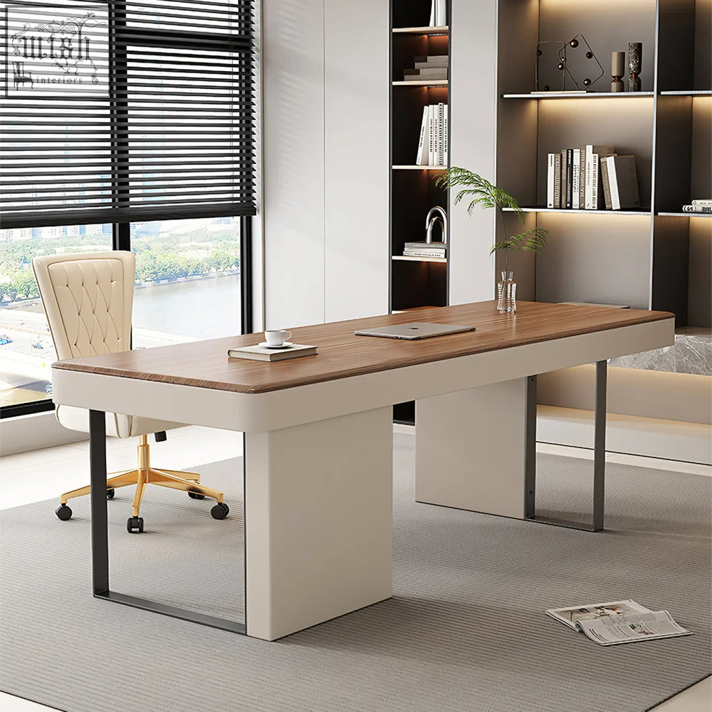 Elena modern office desk with a sleek white base, warm walnut wood top, and minimalist metal legs in cream and wood