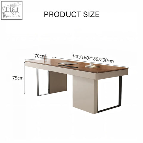 Elena modern office desk with a warm wood top cream base and minimalist metal legs perfect for any office desk setup