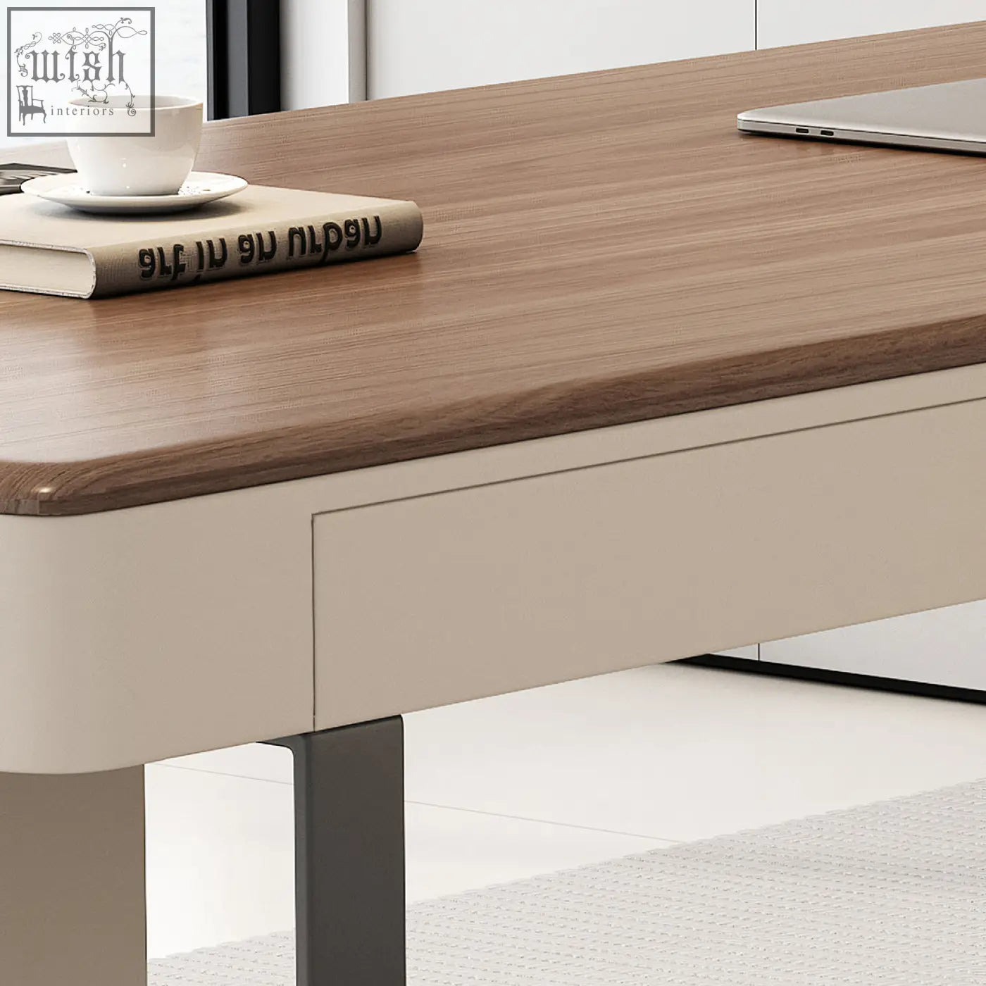 Elena modern office desk with warm wood grain top, cream sides, and dark metal legs for a stylish office desk setup