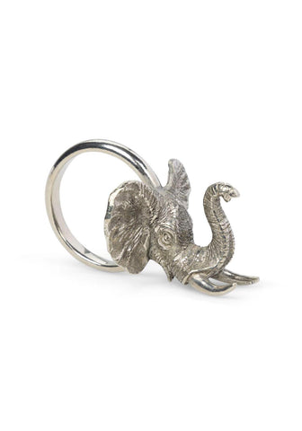 Silver elephant safari pewter napkin ring with textured surface and curved metal loop for dining table use